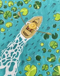 Sample painting of a boat floating through lilipad filled water