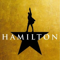The iconic Hamilton musical logo in a gold and black silhouette design.