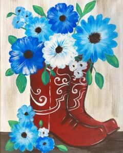 Painting of blue flowers coming out of red cowboy boots